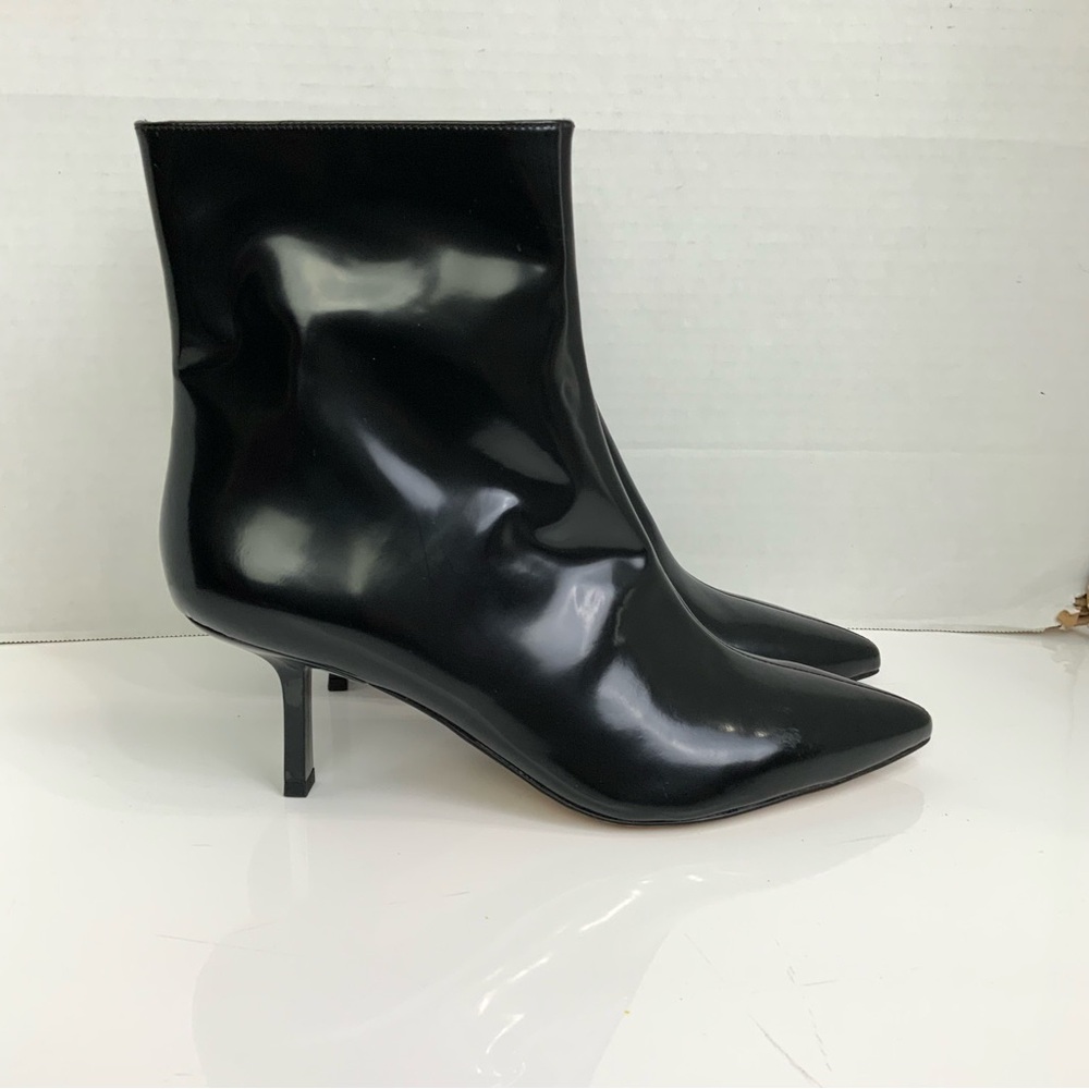 New Ann Taylor Sz 11 Shiny Black Leather Sculptural Heel Sleek Booties Boots - Picture 2 of 11